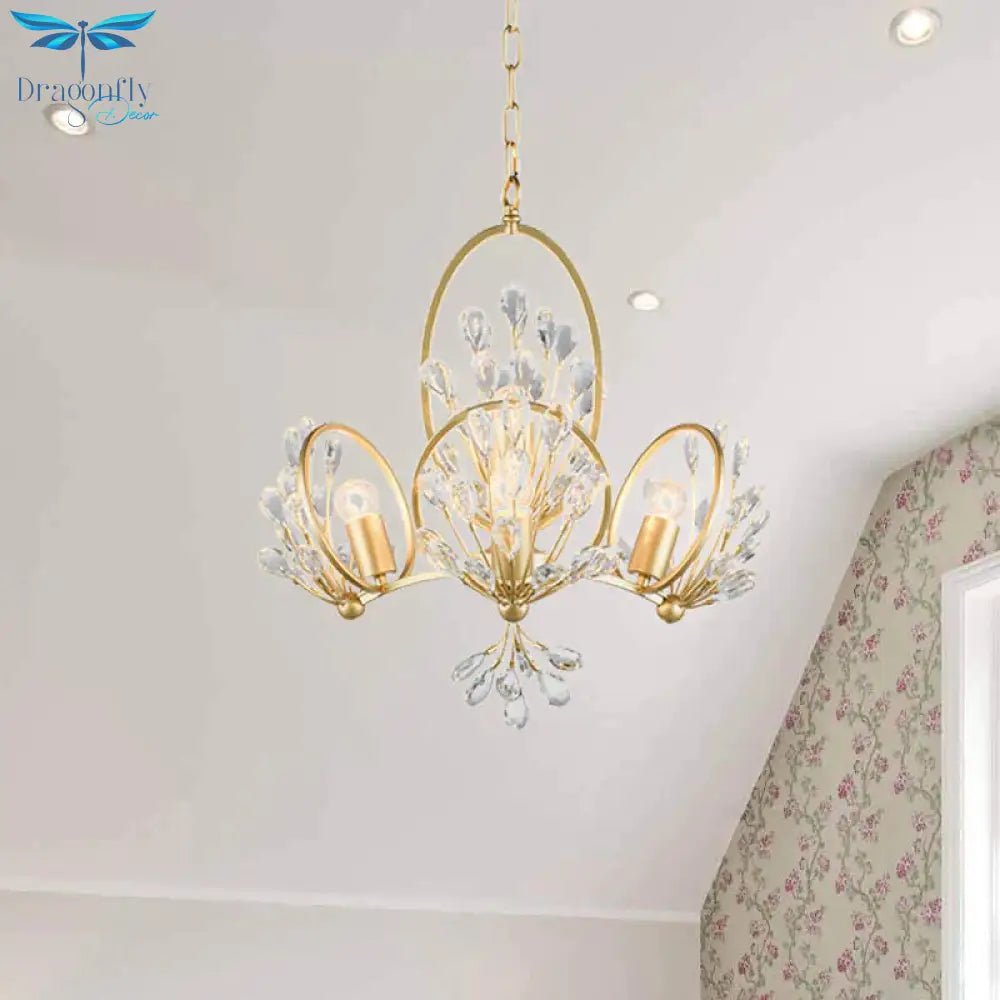 3 - Bulb Crystal Chandelier Light Fixture Retro Gold Petals Dining Table Hanging Pendant