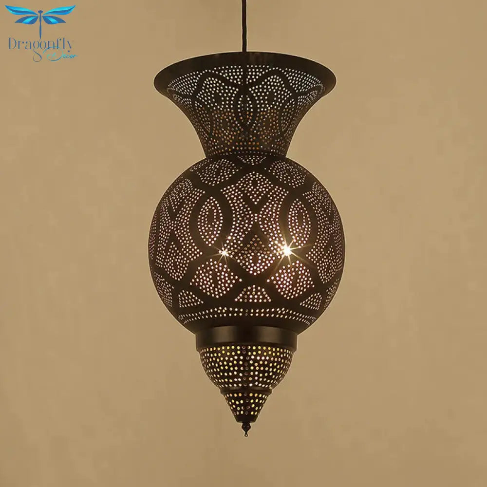 3 - Bulb Etched Urn Hanging Chandelier Countryside Black Metal Ceiling Suspension Lamp