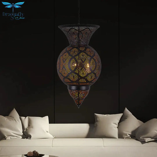 3 - Bulb Etched Urn Hanging Chandelier Countryside Black Metal Ceiling Suspension Lamp