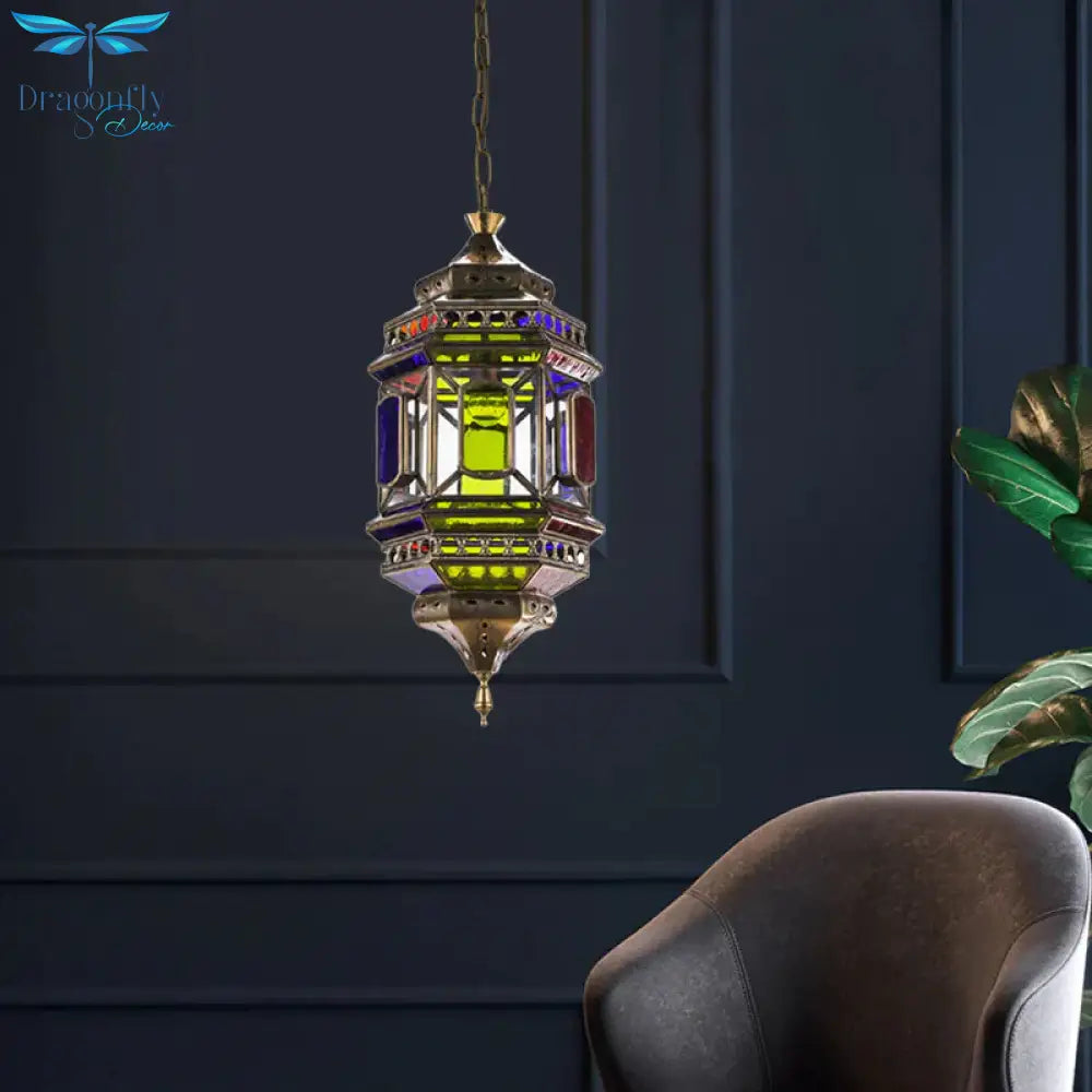 3 - Bulb Hanging Lighting Art Deco Castle Shape Colorful Glass Chandelier Pendant Lamp In Brass