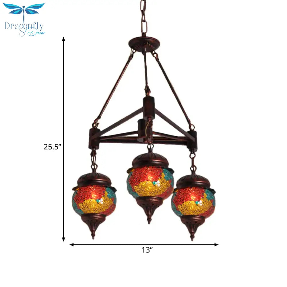 3 Bulbs Ball Chandelier Pendant Lighting Traditional Red - Yellow - Blue Glass Hanging Lamp Kit For