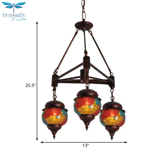 3 Bulbs Ball Chandelier Pendant Lighting Traditional Red - Yellow - Blue Glass Hanging Lamp Kit For