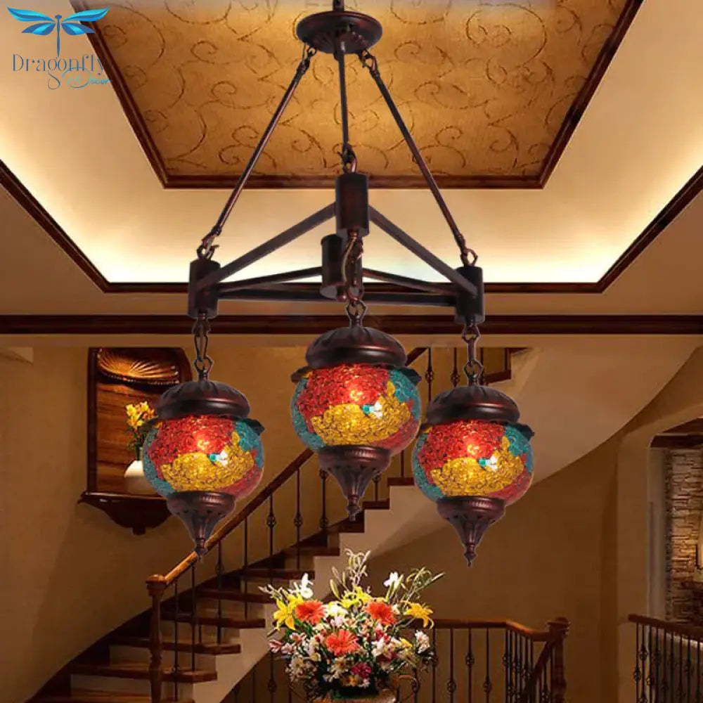 3 Bulbs Ball Chandelier Pendant Lighting Traditional Red - Yellow - Blue Glass Hanging Lamp Kit For