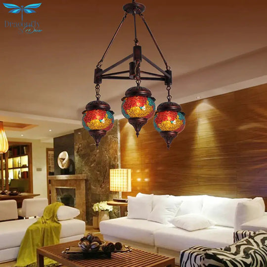 3 Bulbs Ball Chandelier Pendant Lighting Traditional Red - Yellow - Blue Glass Hanging Lamp Kit For