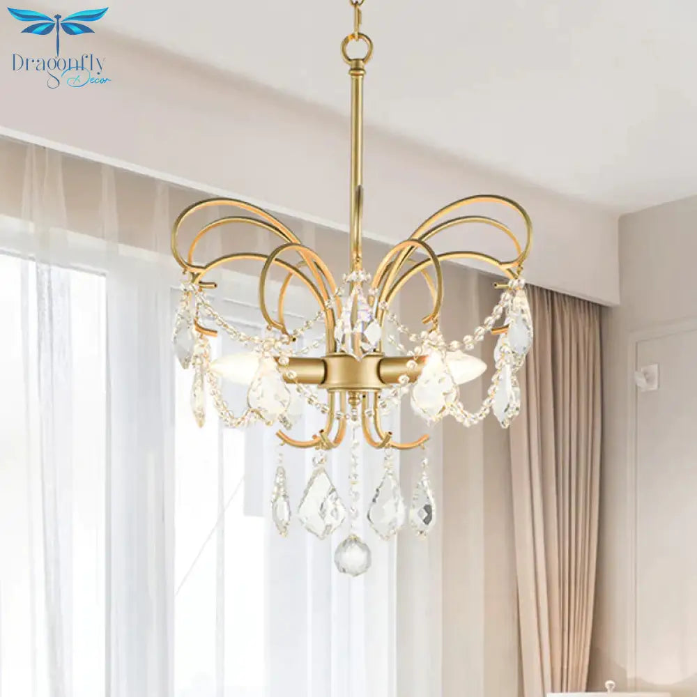 3 Bulbs Butterfly Chandelier Lighting Rural Gold Metal Pendant Lamp With Crystal Strand Decor