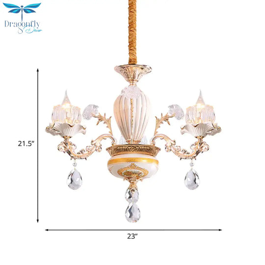 3 Bulbs Ceiling Chandelier Postmodern Flower Buds Crystal Hanging Light With Ceramic Accent Gold