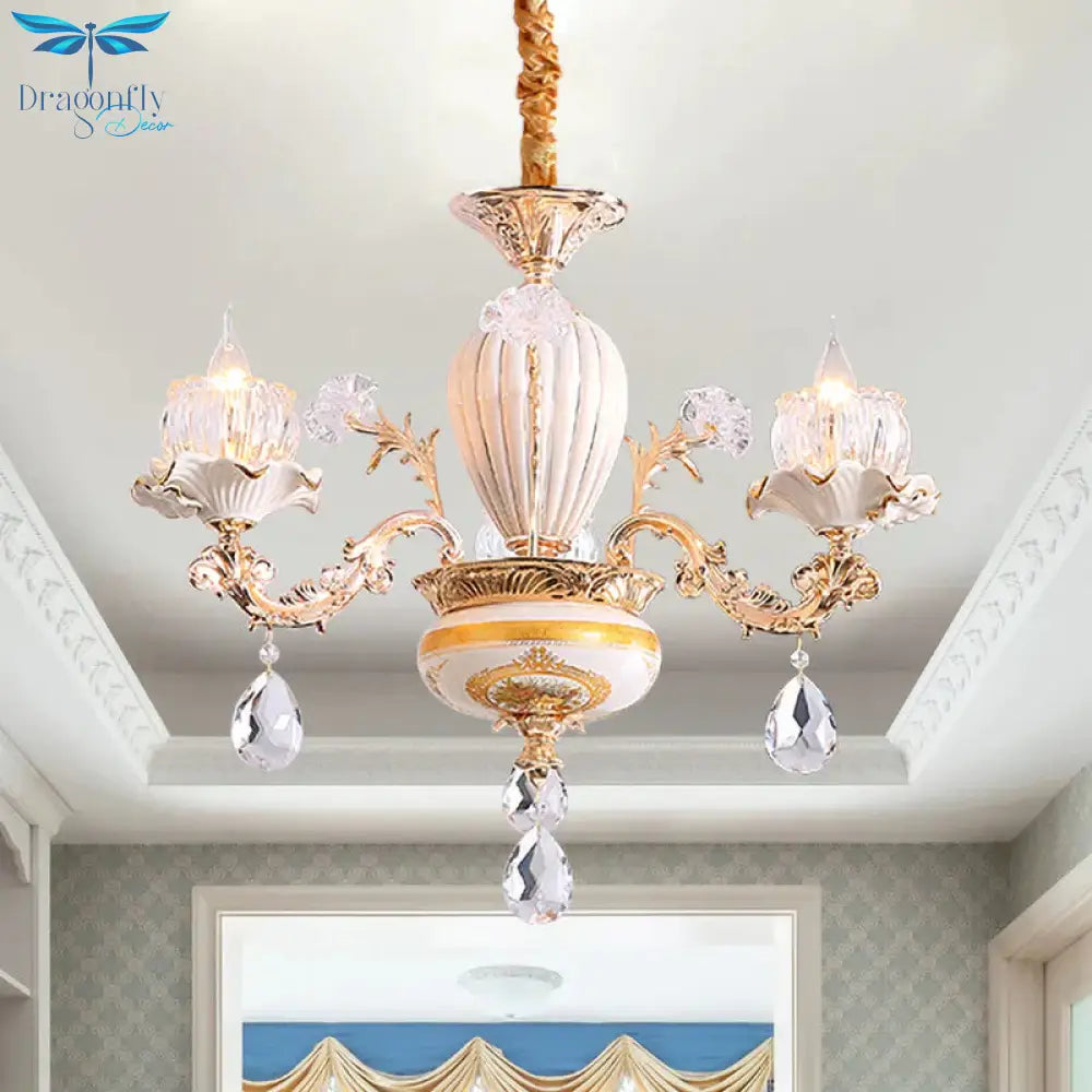 3 Bulbs Ceiling Chandelier Postmodern Flower Buds Crystal Hanging Light With Ceramic Accent Gold