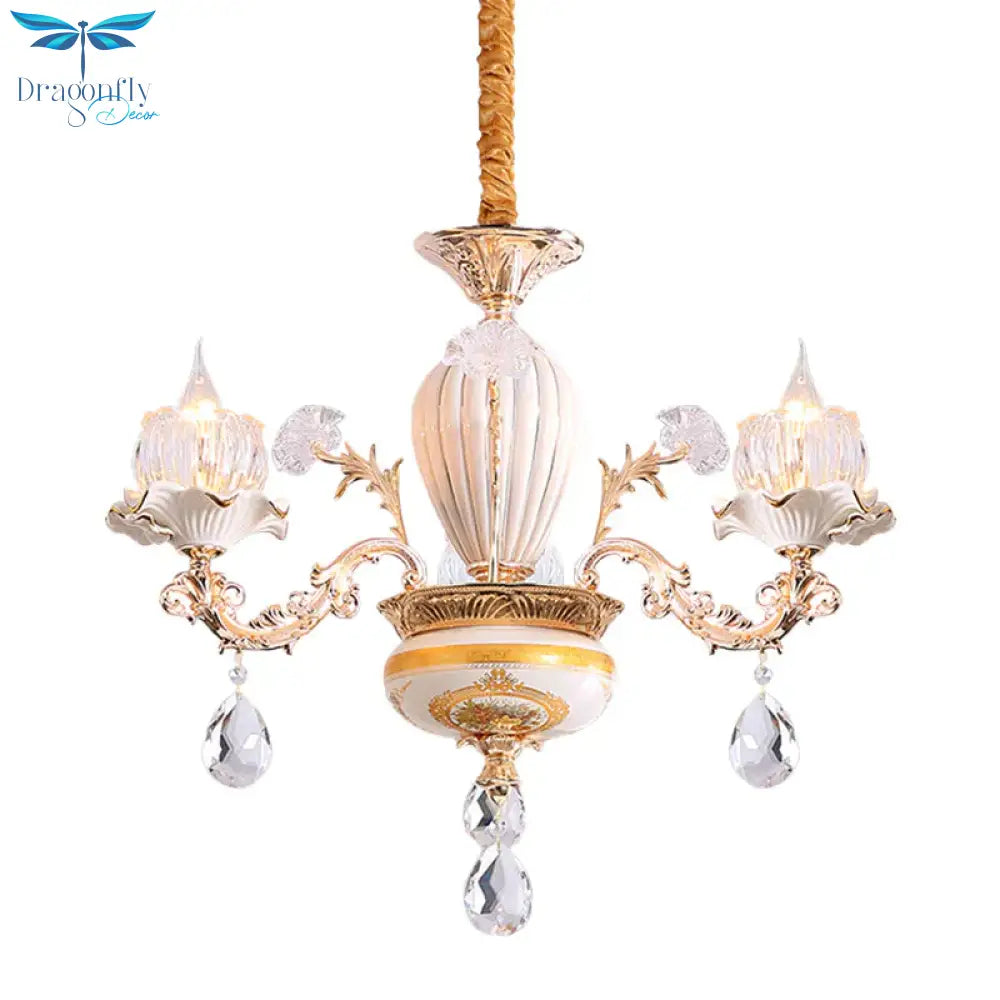3 Bulbs Ceiling Chandelier Postmodern Flower Buds Crystal Hanging Light With Ceramic Accent Gold