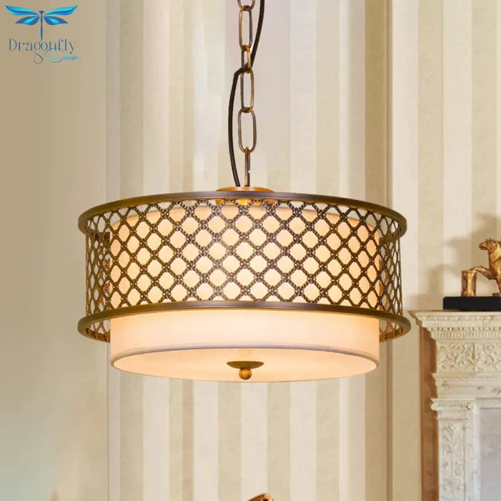 3 Bulbs Chandelier Lamp Rustic Living Room Metallic Pendant Light Kit With Drum Fabric Shade In