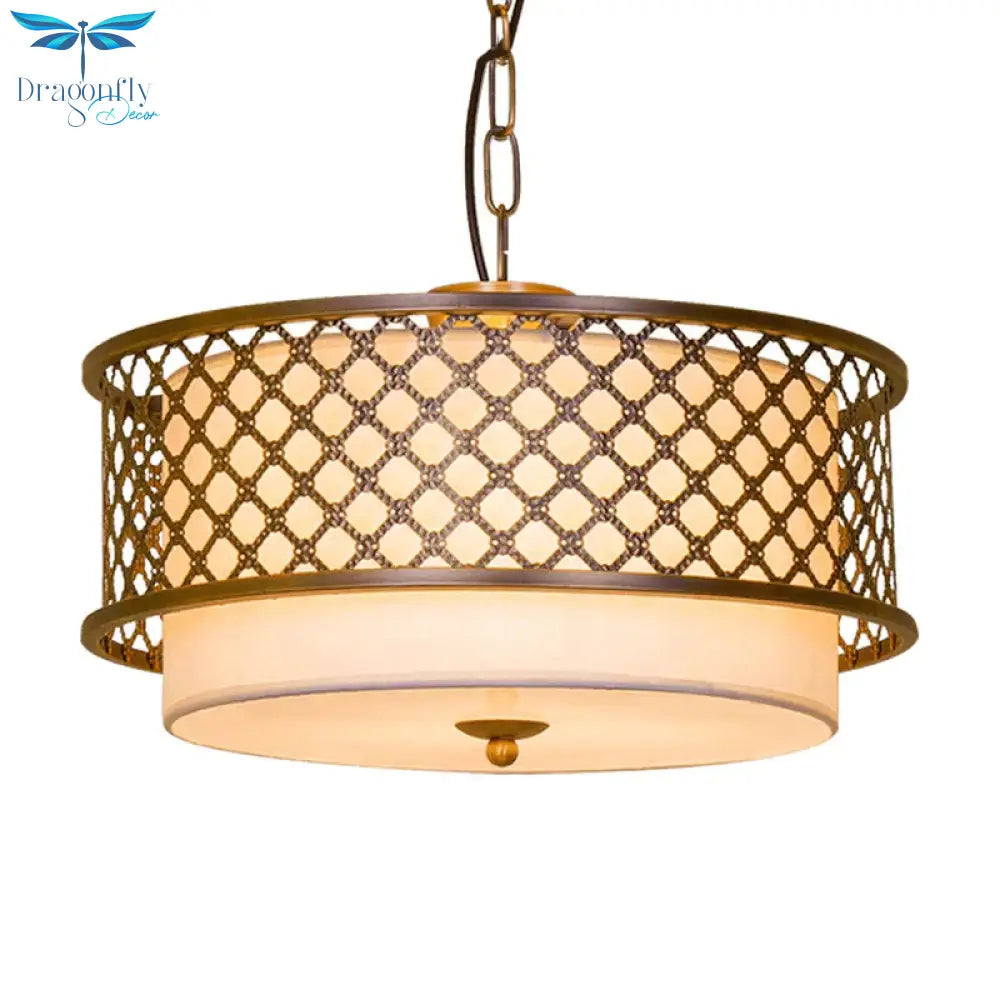 3 Bulbs Chandelier Lamp Rustic Living Room Metallic Pendant Light Kit With Drum Fabric Shade In