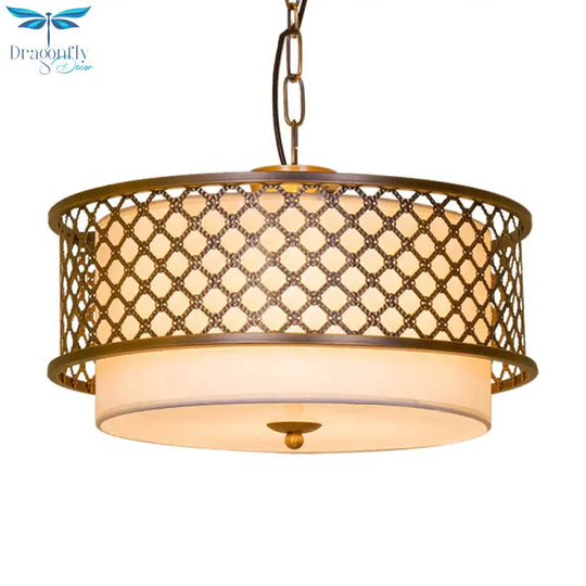 3 Bulbs Chandelier Lamp Rustic Living Room Metallic Pendant Light Kit With Drum Fabric Shade In