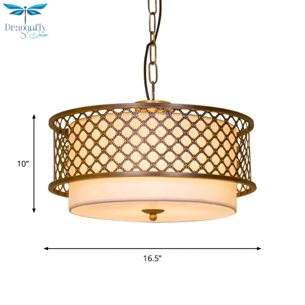 3 Bulbs Chandelier Lamp Rustic Living Room Metallic Pendant Light Kit With Drum Fabric Shade In