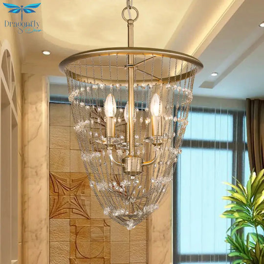 3 Bulbs Cone Ceiling Chandelier Contemporary Crystal Suspended Lighting Fixture In Gold