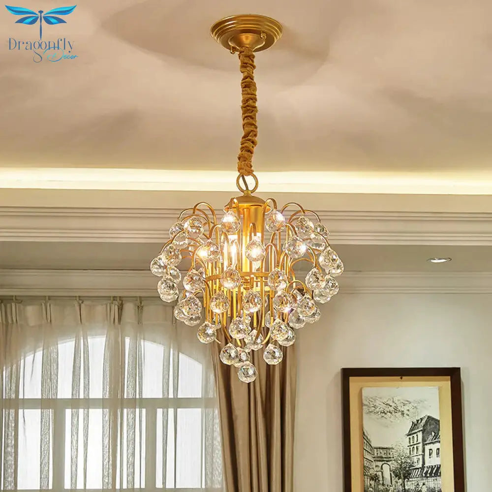 3 Bulbs Crystal Orb Pendulum Light Countryside Gold Grape Shape Living Room Ceiling Chandelier