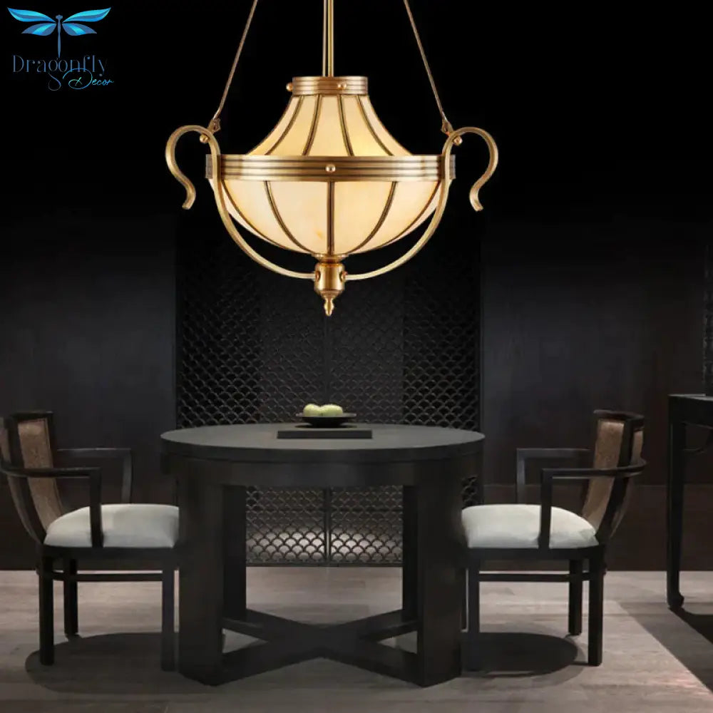 3 Bulbs Jar Ceiling Chandelier Rustic Opal Frosted Glass Suspended Lighting Fixture In Brass