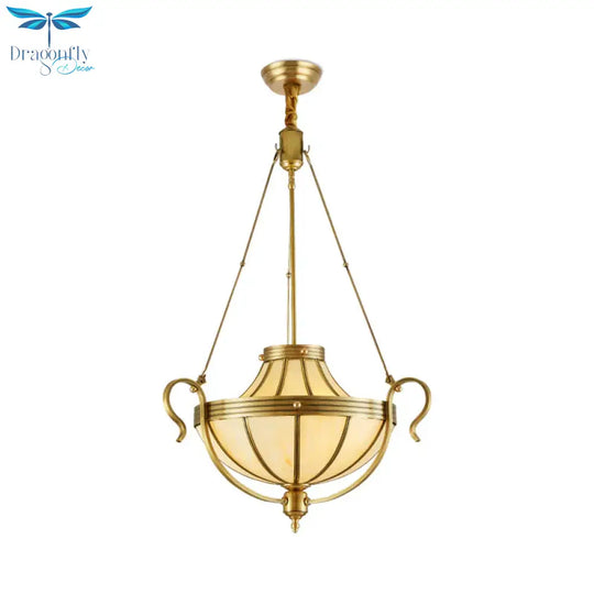 3 Bulbs Jar Ceiling Chandelier Rustic Opal Frosted Glass Suspended Lighting Fixture In Brass
