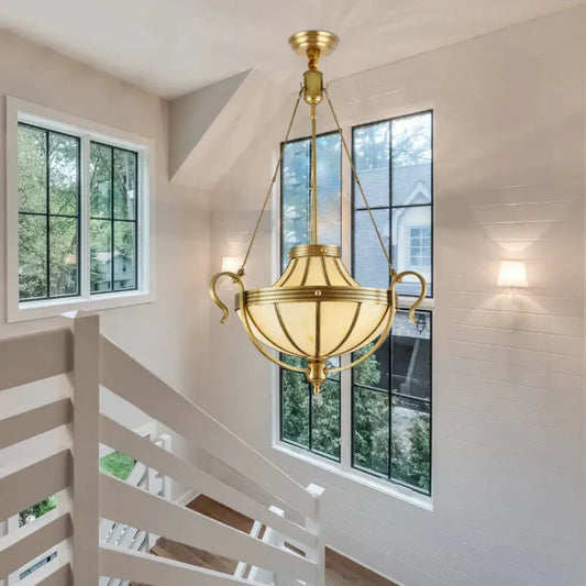 3 Bulbs Jar Ceiling Chandelier Rustic Opal Frosted Glass Suspended Lighting Fixture In Brass