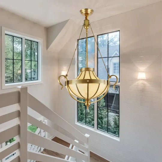 3 Bulbs Jar Ceiling Chandelier Rustic Opal Frosted Glass Suspended Lighting Fixture In Brass