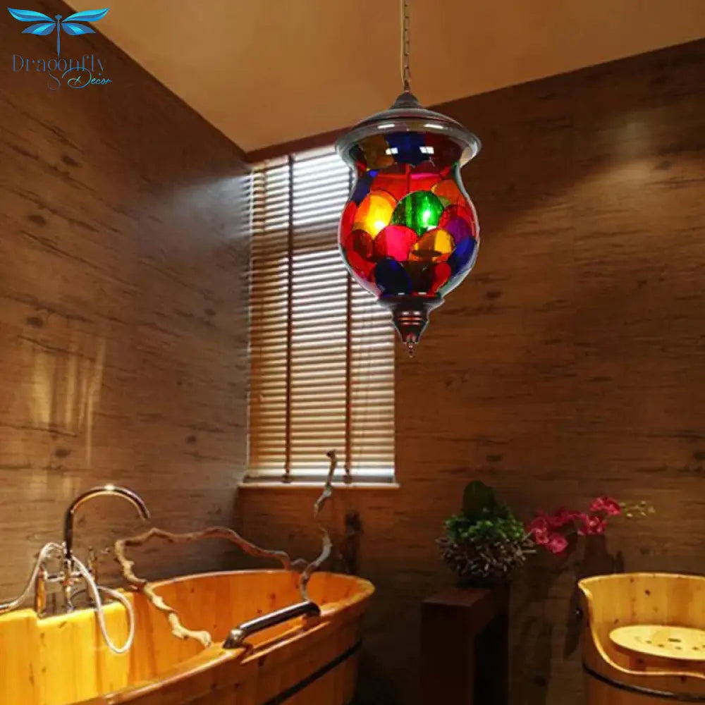 3 Bulbs Red Glass Chandelier Vintage Copper Urn Shape Bathroom Pendant Lighting Fixture
