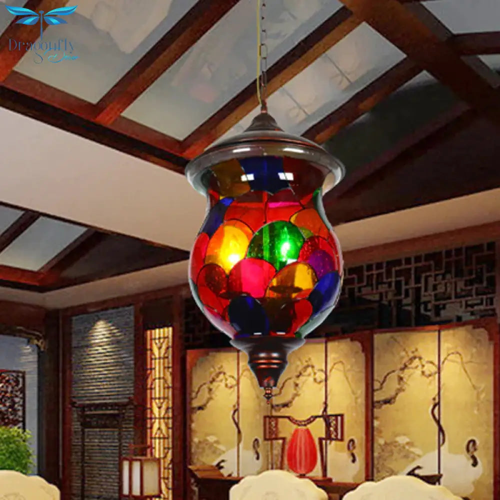 3 Bulbs Red Glass Chandelier Vintage Copper Urn Shape Bathroom Pendant Lighting Fixture