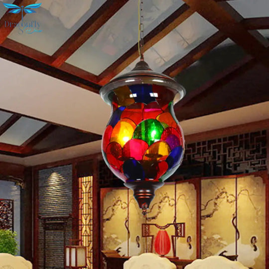 3 Bulbs Red Glass Chandelier Vintage Copper Urn Shape Bathroom Pendant Lighting Fixture