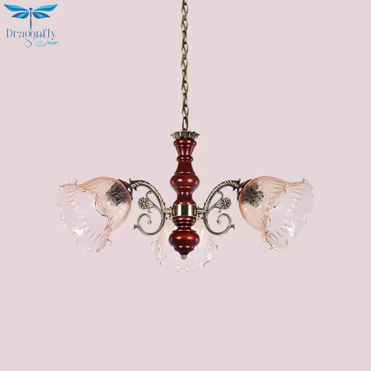 3 Heads Chandelier Light Fixture Pastoral Style Ruffled Clear Glass Hanging Pendant In Red Brown