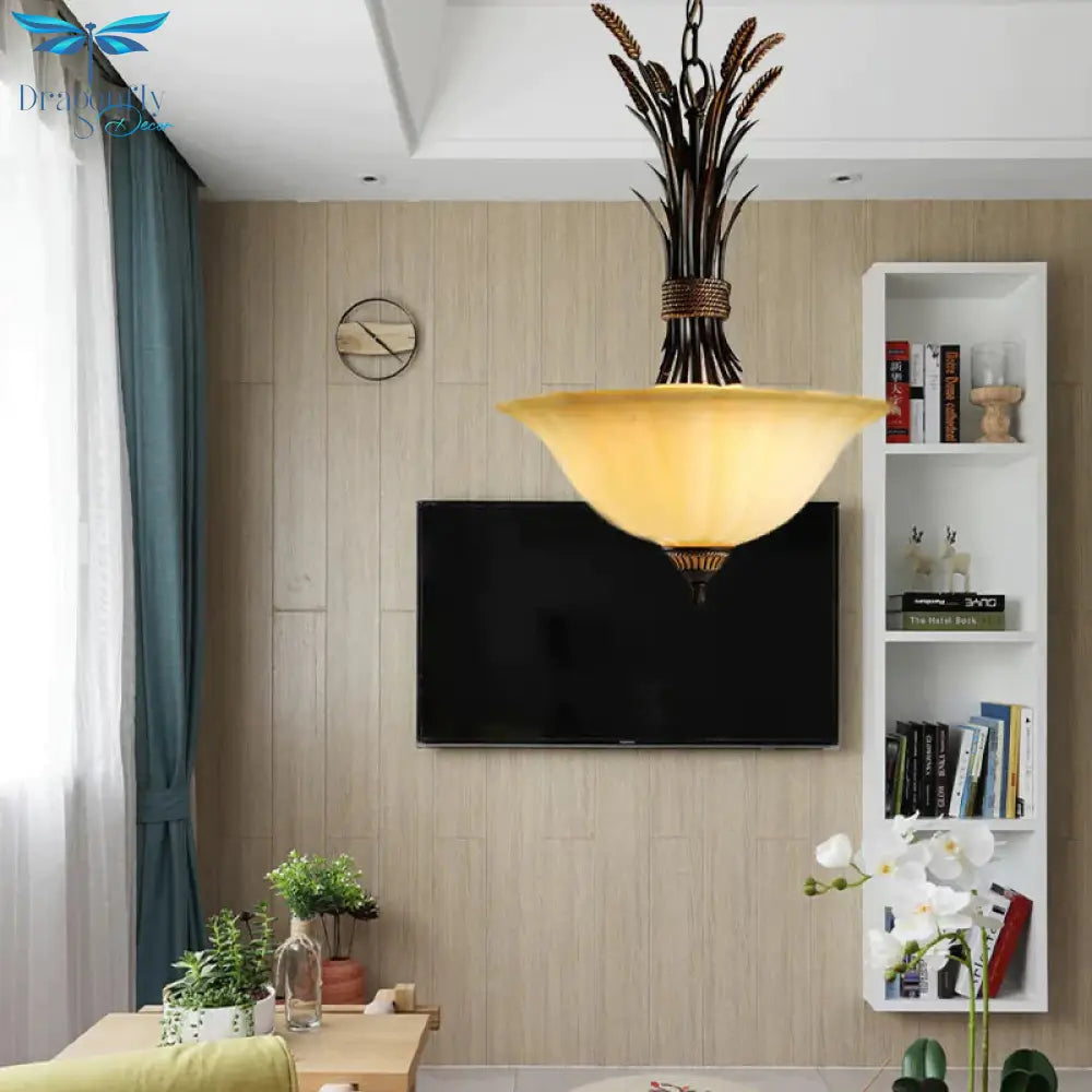 3 Heads Chandelier Pendant Lighting Traditional Wide Flare Beige Frosted Glass Ceiling Suspension