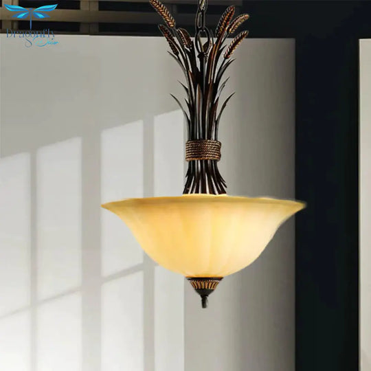3 Heads Chandelier Pendant Lighting Traditional Wide Flare Beige Frosted Glass Ceiling Suspension