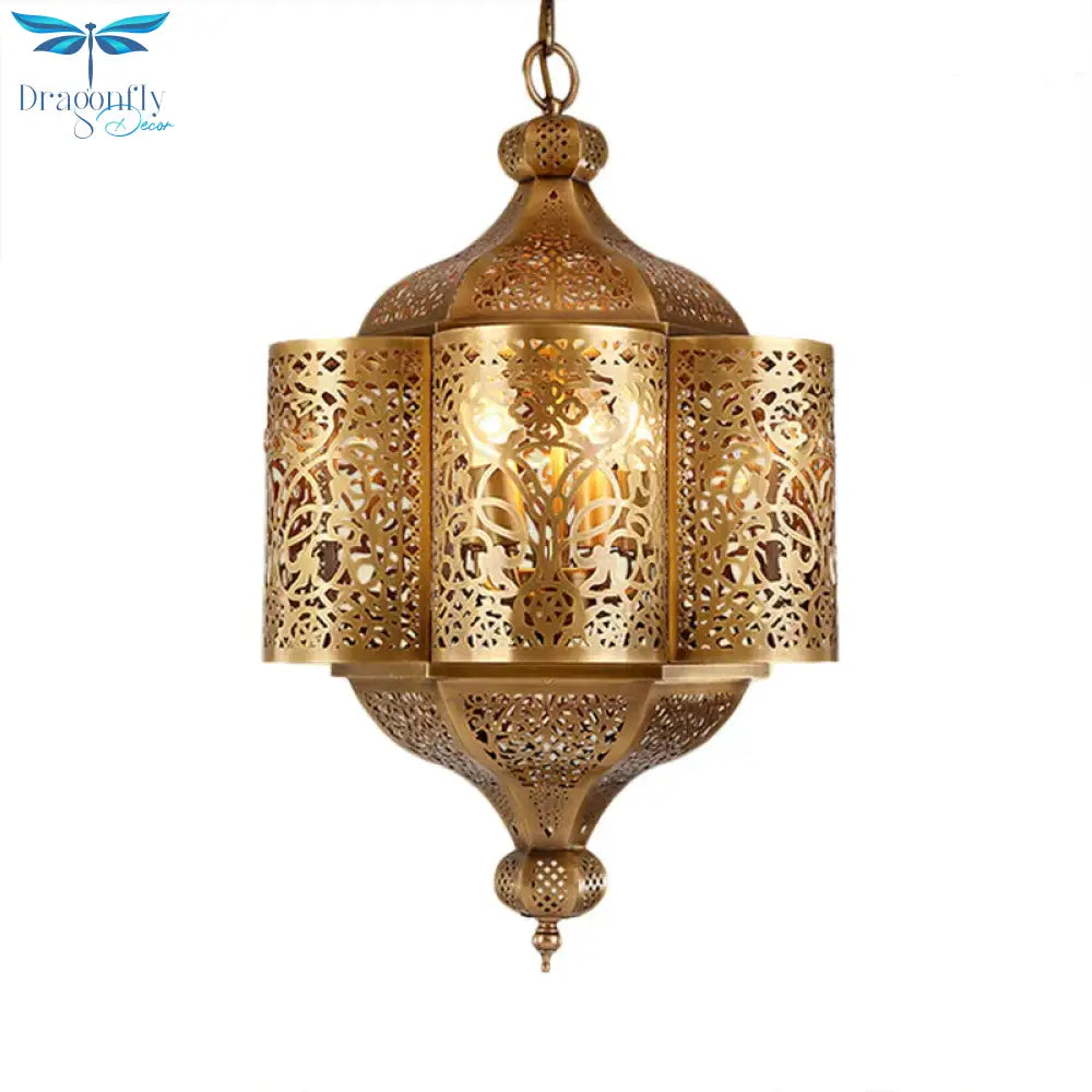 3 Heads Etched Lantern Pendant Lamp Arab Style Brass Metal Hanging Chandelier For Corridor