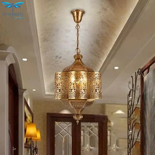 3 Heads Etched Lantern Pendant Lamp Arab Style Brass Metal Hanging Chandelier For Corridor