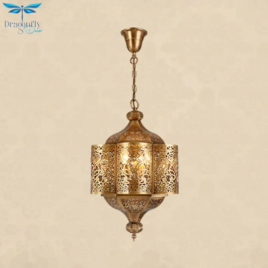 3 Heads Etched Lantern Pendant Lamp Arab Style Brass Metal Hanging Chandelier For Corridor