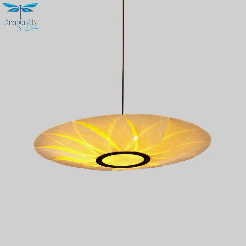 3 Heads Flat Chandelier Lighting Chinese Wood Ceiling Suspension Lamp In Beige