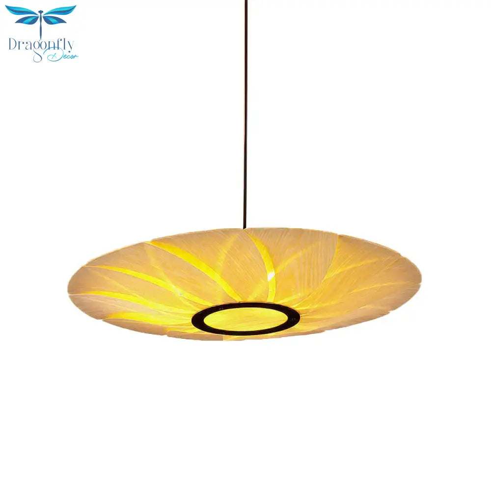 3 Heads Flat Chandelier Lighting Chinese Wood Ceiling Suspension Lamp In Beige