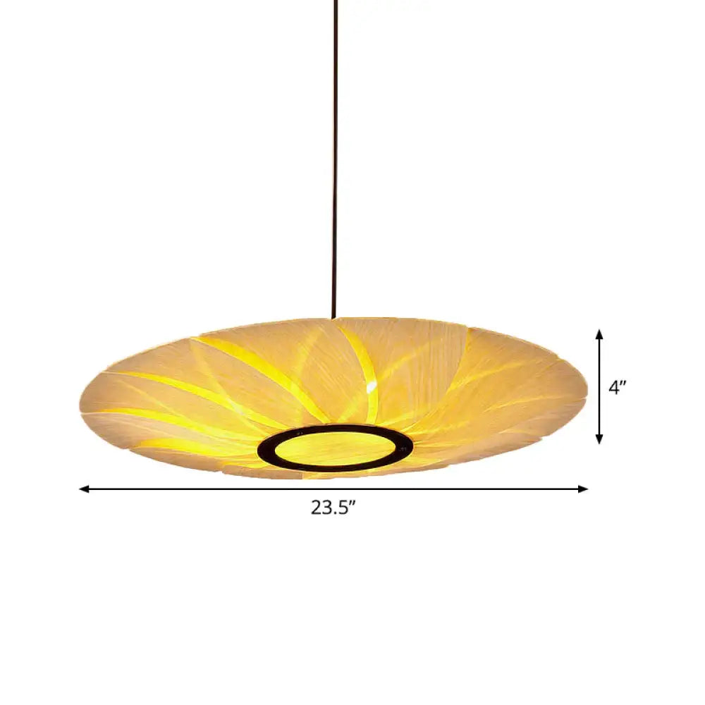 3 Heads Flat Chandelier Lighting Chinese Wood Ceiling Suspension Lamp In Beige