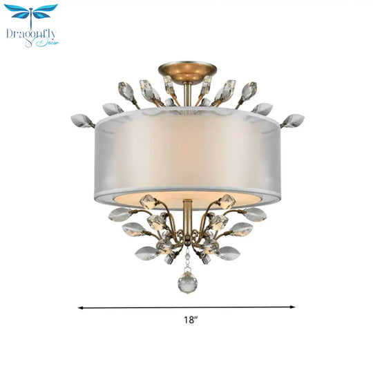 3 Heads Leaf Crystal Hanging Lamp Kit Modernism Silver Drum Living Room Chandelier Light