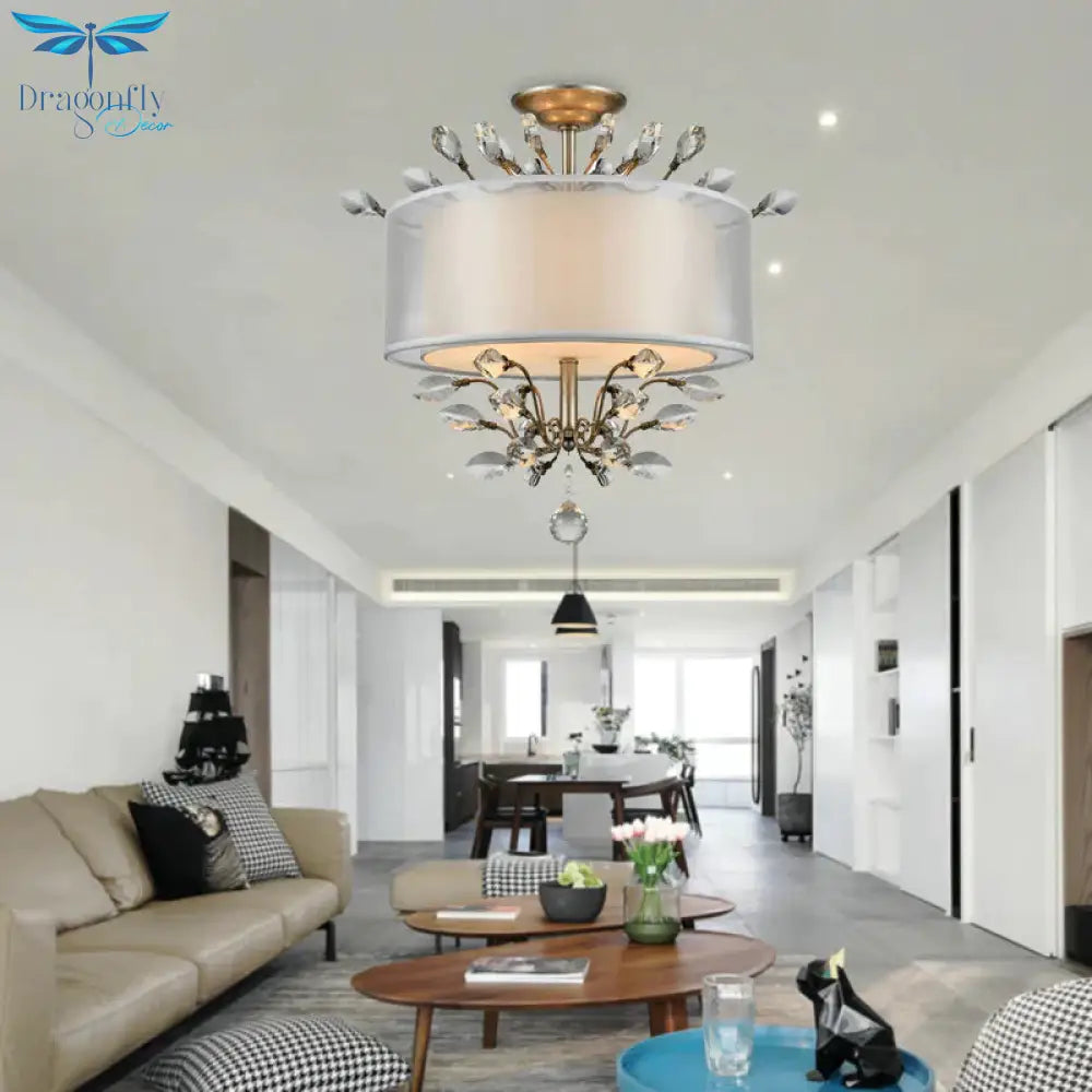 3 Heads Leaf Crystal Hanging Lamp Kit Modernism Silver Drum Living Room Chandelier Light