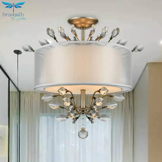3 Heads Leaf Crystal Hanging Lamp Kit Modernism Silver Drum Living Room Chandelier Light