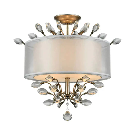 3 Heads Leaf Crystal Hanging Lamp Kit Modernism Silver Drum Living Room Chandelier Light