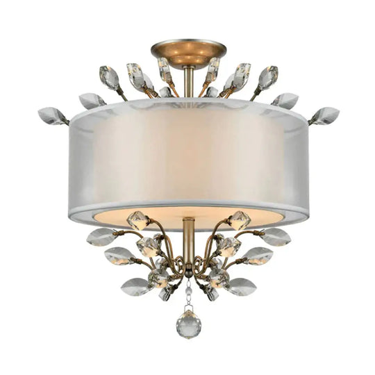 3 Heads Leaf Crystal Hanging Lamp Kit Modernism Silver Drum Living Room Chandelier Light