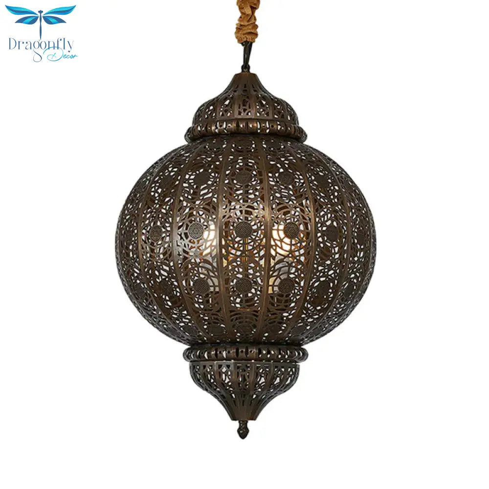 3 Heads Metal Suspension Light Country Bronze Finish Etched Sphere Corridor Chandelier