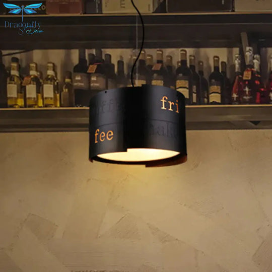 3 - Light Chandelier Warehouse Script Printing Drum Iron Drop Lamp In Black With Splice Design And