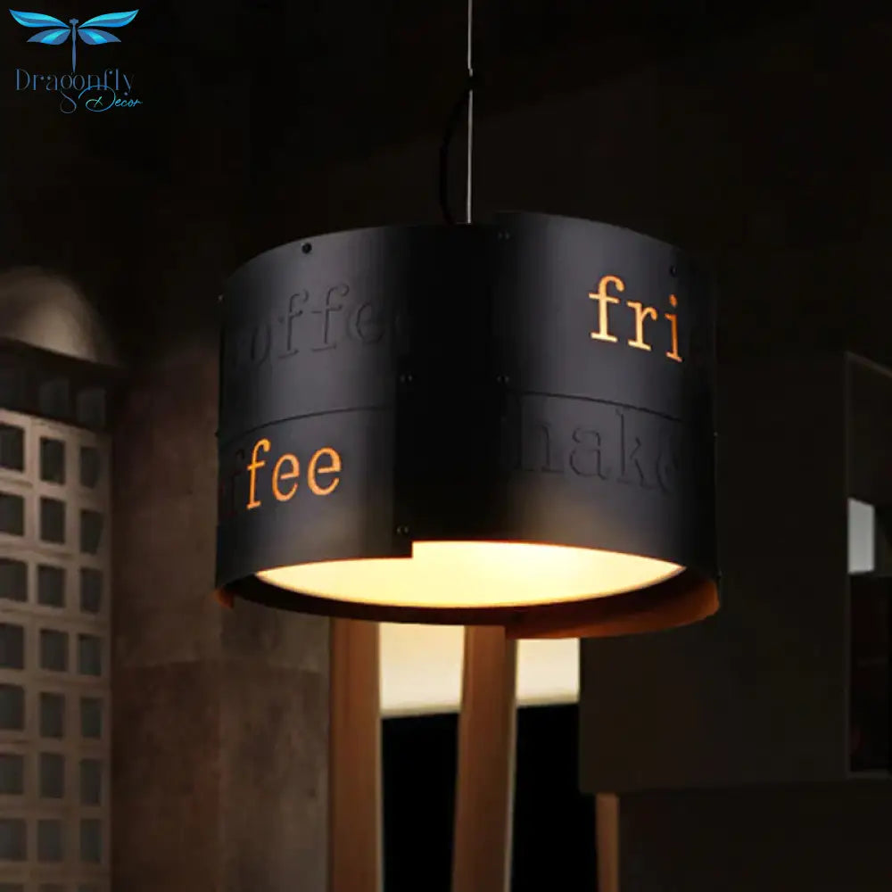 3 - Light Chandelier Warehouse Script Printing Drum Iron Drop Lamp In Black With Splice Design And