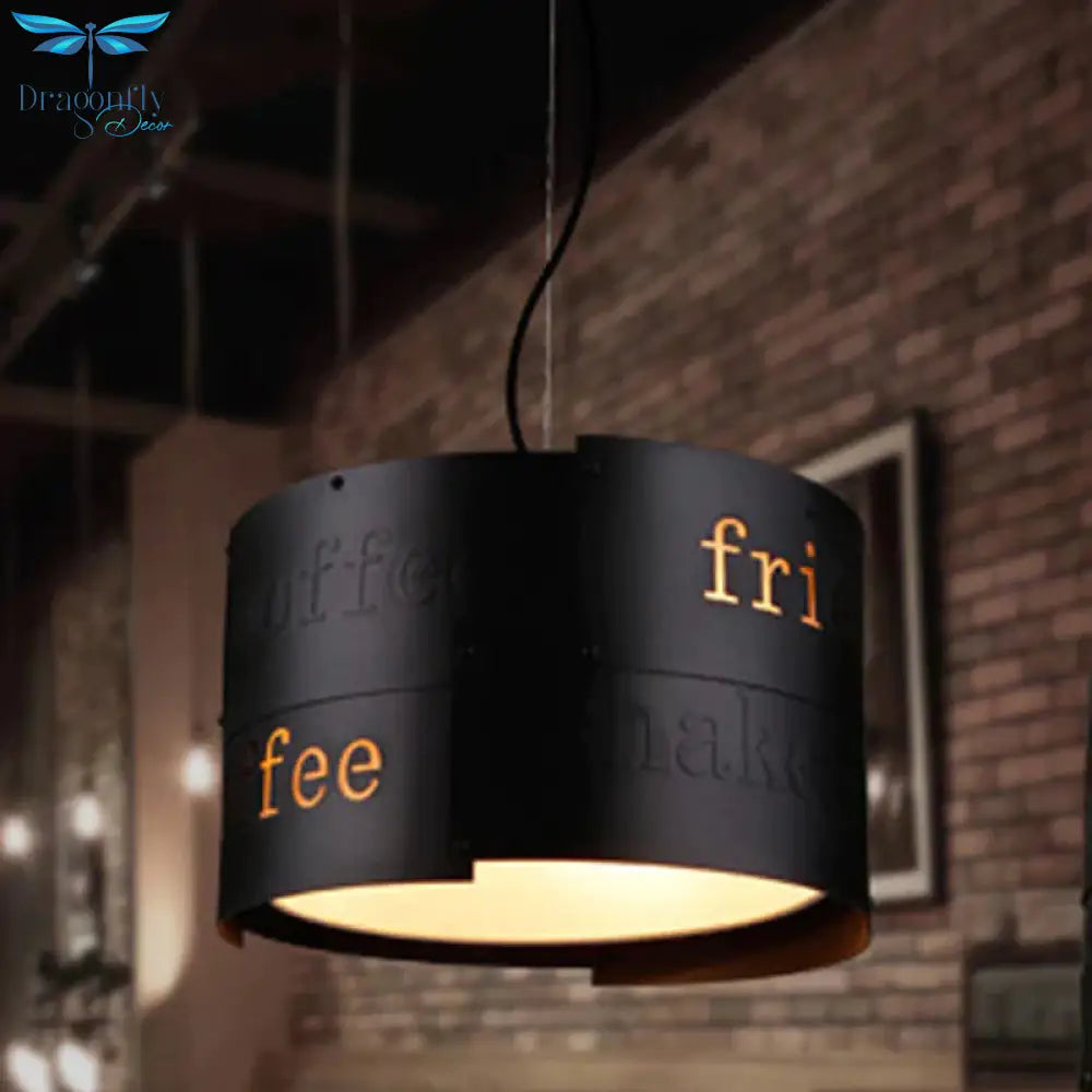 3 - Light Chandelier Warehouse Script Printing Drum Iron Drop Lamp In Black With Splice Design And