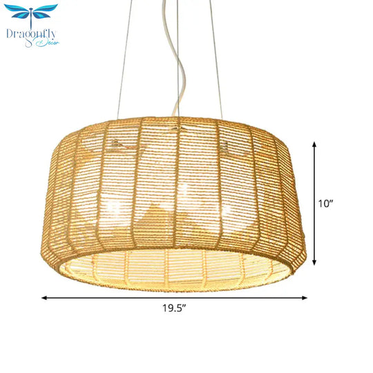 3 - Light Guest Room Ceiling Chandelier Chinese Beige Pendant Light With Drum Bamboo Cage