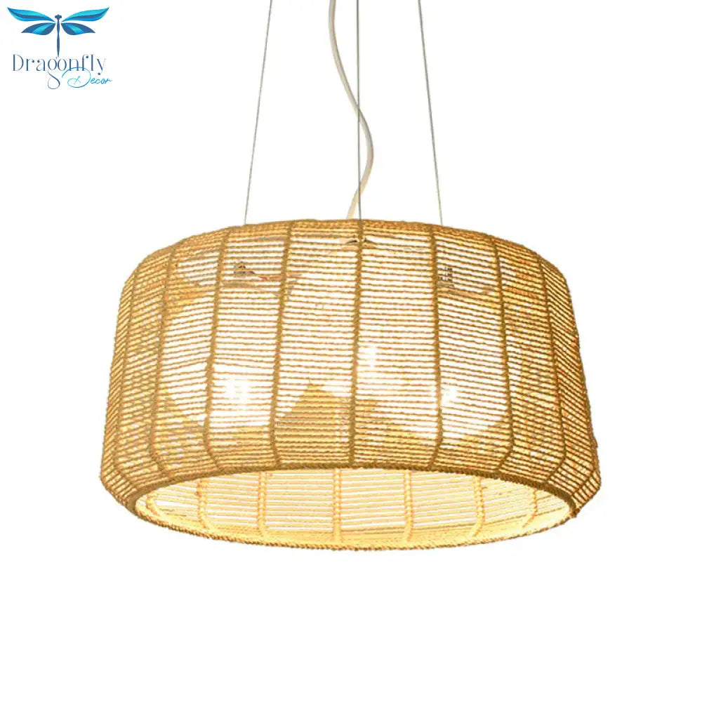 3 - Light Guest Room Ceiling Chandelier Chinese Beige Pendant Light With Drum Bamboo Cage