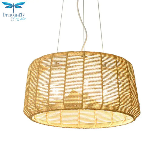 3 - Light Guest Room Ceiling Chandelier Chinese Beige Pendant Light With Drum Bamboo Cage