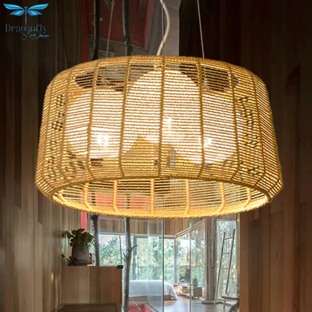 3 - Light Guest Room Ceiling Chandelier Chinese Beige Pendant Light With Drum Bamboo Cage