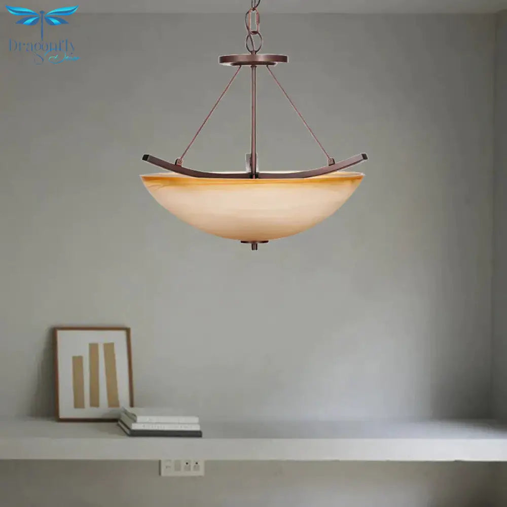 3 Lights Bowl Chandelier Light Traditional Beige Glass Suspension Lighting For Corridor