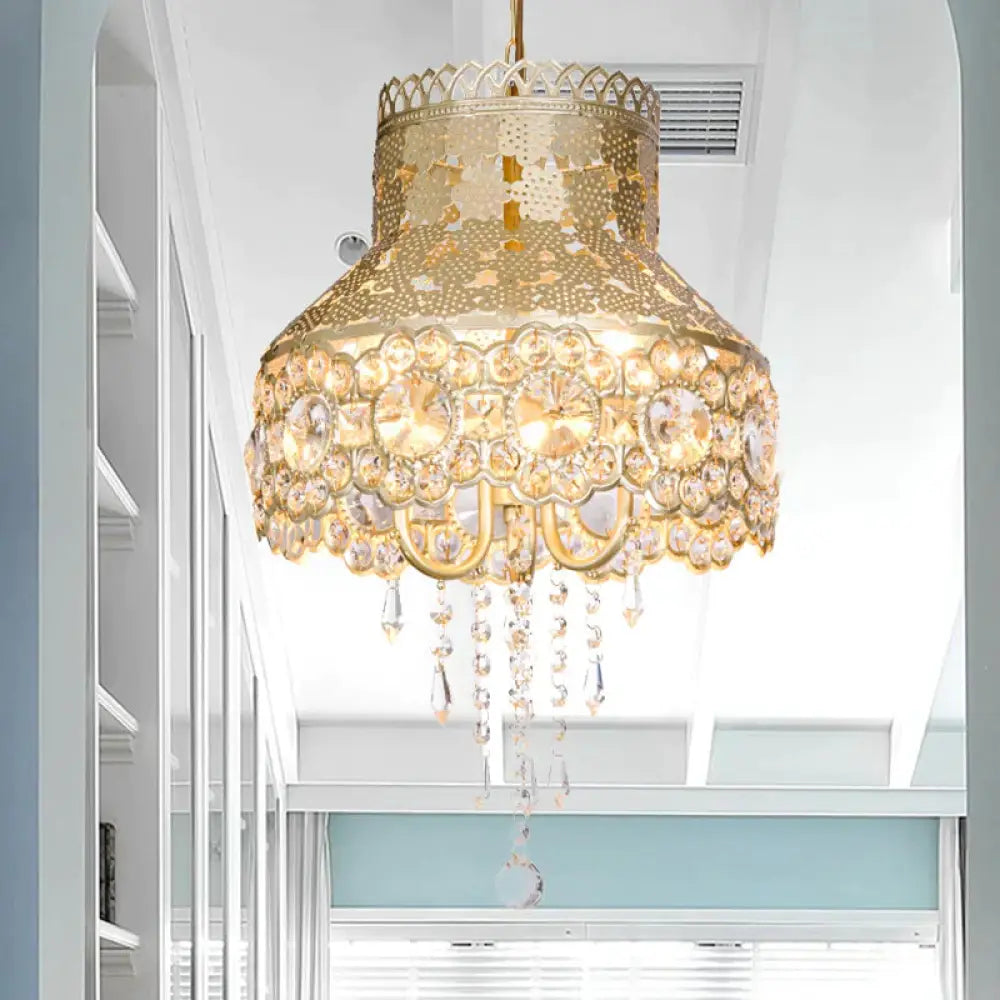 3 Lights Ceiling Chandelier Vintage Urn Shape Metal Pendant Lamp In Brass With Crystal Decoration
