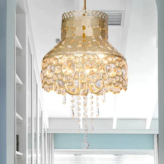 3 Lights Ceiling Chandelier Vintage Urn Shape Metal Pendant Lamp In Brass With Crystal Decoration